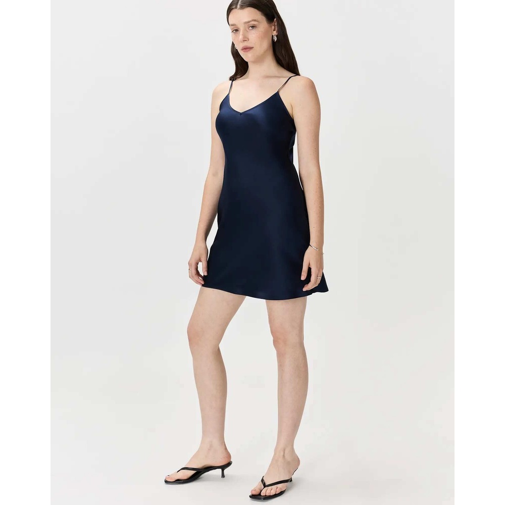 Quince 100% Washable Silk Mini Slip Dress Navy Blue Small NWT - Picture 2 of 6